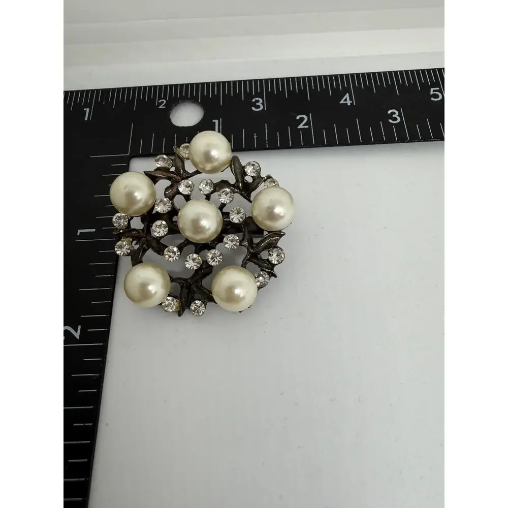 VINTAGE Faux Pearl Rhinestone Wreath Brooch Silver Tone 1950s Bridal Jewelry Pin